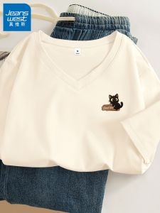 Jeanswest Womens V-Neck T-Shirt Summer New Style Large Size Half Sleeve Short Sleeve Street Style Cotton Printed Top