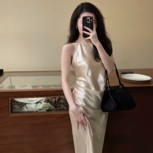 VKSOD | Elegant French Lady Style Satin Shine Off-Shoulder Long Dress Womens Summer Slim Fit Waist High Waist Zipper Backless Gown