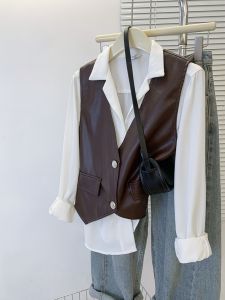 ย้อนยุค สไตล์อังกฤษ PU หนัง เสื้อกั๊ก แจ๊กเก็ตสั้น แขนกุด ผู้หญิง เสื้อแจ็คเก็ต ฤดูใบไม้ร่วง ฤดูหนาว รูปแบบใหม่ เรียบหรู Lapering เสื้อกั๊ก