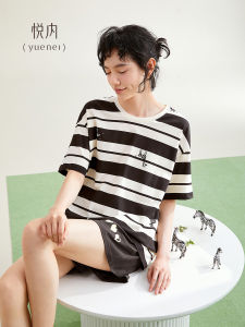 Pure Cotton Summer Leisure Striped Sleepwear Short Sleeve Shorts Home Clothes Set for Women Comfortable Breathable Nightgown