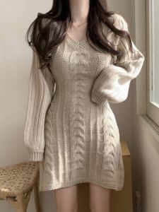 Plus Size Fat Mm2023 Fall and Winter Fat Sister Gentle Elegant Hemp Pattern Design Slim Looking Long Sleeves Knitting Dress