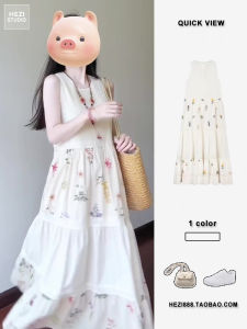 Elegant Lace Splice Floral Print Sleeveless Vest Dress Women Summer Loose Waist Beach Vacation Style Long Dress Gently Soft