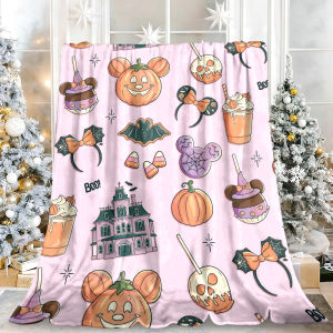 Beast Kingdom | Disney Halloween Snack Pumpkin Mouse Ear Flannel Blanket Soft Fuzzy Plush Cozy Throw for Sofa Bed Couch Home Decor