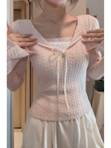 YUEZHONGWEI | French V-Neck Lace Spliced Pink Knitted Sweater