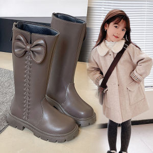 Princess Girl High-Tube Martin Boots Childrens Autumn Winter Leather Boots Butterfly Knot Elements Flat Bottom Natural Rubber