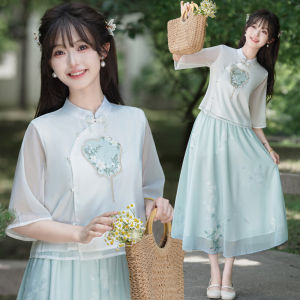 ชุดกี่เพ้าผู้หญิงสไตล์จีนย้อนยุคแบบใหม่ ผ้าฝ้ายผสมโพลีเอสเตอร์ แขนยาวครึ่งนิ้ว ชุดชา ชุดผู้หญิงช่วงฤดูใบไม้ผลิปี 2024