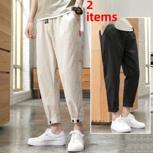 Cropped Pants Mens K-style Trendy Brand Silm Cotton Linen Casual Cropped Pants Loose Harem Sports Straight Ankle-Tied