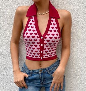 ผู้หญิง Love Heart ถักสั้น เสื้อกล้าม คอแขวน สตรีทสไตล์ เสื้อกั๊ก แขนกุด แฟชั่นสําหรับสุภาพสตรีอายุ 25-29 ปี