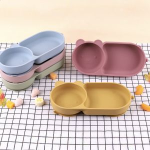 Baby Silicone Suction Cup Bowl Cute Bear Design Macaron Color 100% Food Grade Silicone BPA Free Double plate design for meals
