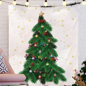 VIKAMA Christmas Tree Ornament Gift Wall Tapestry White Background Colorful Ball Star Candy Cane Present Hat Holiday Festive