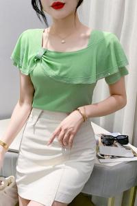 Yimei lấp lánh quần áo mùa hè mới đẹp của phụ nữ 2023 ôm vừa và mỏng màu đen Quảng Châu lưới ngắn tay T-Shirt