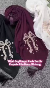 Hijab Jilbab Segi Empat Paris Bordir Pita Bunga Motif Terbaru & Terlaris