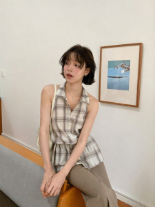 NIHAOKANONG | Áo Blouse Carô Dây Đeo Cổ Thắt Tali eo Phong Cách Mùa Hè Thanh Lịch