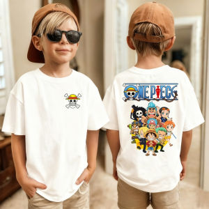 Bandai | 2026 One Piece Japanese Anime Print Boys Short-Sleeve T-Shirt Luffy Pattern Pure Cotton Crew Neck Top Suitable for Children.