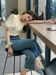 PAIBOLI | Summer Short Sleeve French Design Sensation Womens Top Bubble Sleeve Light Yellow Niche Design Korean Style Commute Shirt