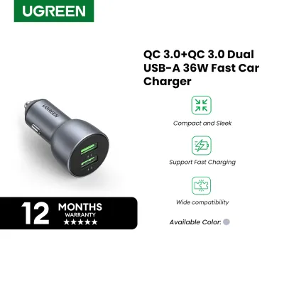 UGREEN Fast Car Charger Dual USB QC3.0 36W Quick Charge Adapter for Phones