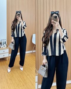 One Set Zahra Salur Terbaru Kekinian//Rayon Super Grend A Ori// Setelan Wanita Kekinian Motif Salur Kotak