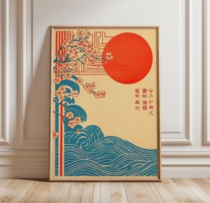 Japanese Wave & Sakura Poster Print - Frameless Vintage Ukiyo-E Style Ocean Wall Art Poster Red Sun Japan Decor Poster
