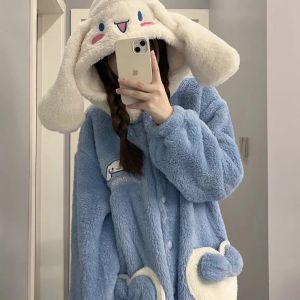 Special Offer Sanrio Anime Girl Plush Pajamas Kuromi Cinnamoroll Winter Extra Thick Coral Fleece Home Clothing Nightdress Cloth