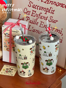 Original Hand-Drawn Christmas Dog Insulated Straw Cup with Lid Cute Little Scarf Stainless Steel 304 Beverage Container