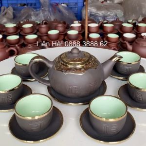 Ấm Trà Bọc Đồng Bạch Bát Tràng - Phúc Lộc Thọ Chỉ Bạc Ráp Đồng - Ấm Chén Bọc Đồng Cao Cấp Vương Mạnh Tuấn