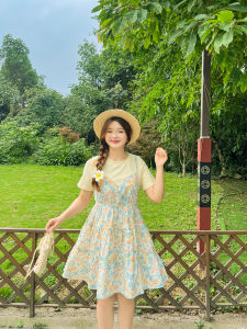 Floral Print Slimming High Waist A-Line Dress Summer Casual Cotton DM100 plus Size Womens Clothing Fake Two-Piece Dress