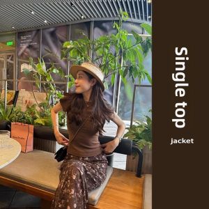 YUEZHONGWEI | Cafe Round Neck Short Sleeve T-Shirt Women Summer Slim Fit Unique Beautiful Short Style Commute Korean Version Breathable Moisture Wicking