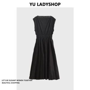 Export Label Cut Womens Clothes Big Brand Tail Goods French Style Temperament Elegance Black Silm Sleeveless Pleated Dress Black Dress