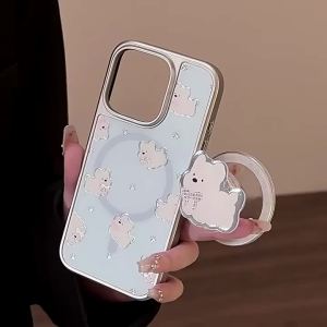 Korean Cute Cartoon Puppy Bracket Magnetic Silver Edge Plating Phone Case for iPhone 16 15 14 13 12 Pro Max Shockproof Cover