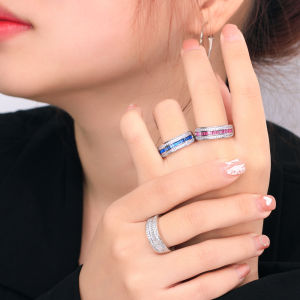 SEQUITO Simple Style Ladies Finger Jewelry Silver Color Full Micro Pave Red Blue White CZ Stone Classic Open Cuff Adjustable Crystal Ring for Birthday Best Gift SR108