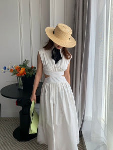 Elegant White Bared Waist Waist-Cinching Sleeveless French Design Dress Womens Fashion Princess Style Polyester Hollow out Skirt