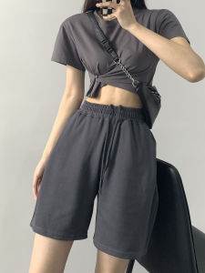 Quần Short Thể Thao Màu Xám Cạp Cao Rộng Rãi Cho Nữ Mùa Hè Quần Dài Năm Điểm Co Giãn Thời Trang Thường Ngày