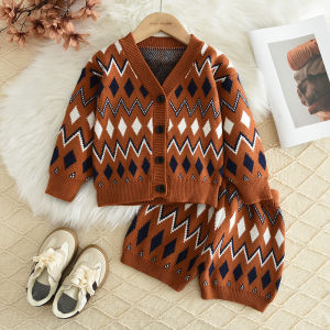 ชุดเสื้อผ้าเด็กสองชิ้นสำหรับฉบับภาษาเกาหลีพิมพ์ลายริ้วเพชรชุดสูทถักนิตติ้งสำหรับเด็กผู้หญิงเสื้อกันหนาวไหมพรม + กางเกงขาสั้นกระดุมสายเดียวย้อนยุคลายดอกไม้ลำลอง2-6ปี