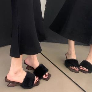 Fall 2025 Womens Cotton Slippers High Heel Fur Slippers Sweet Style Daily Wear Fairy like Slip-On Shoes for Girls