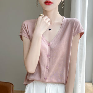 เสื้อคาร์ดิแกนถักคอวีผ้าขนสัตว์บางสำหรับผู้หญิง ฤดูร้อน 2024 คอกลม ปกติ เสื้อสเวตเตอร์ถัก เสื้อคลุมคาร์ดิแกน ผ้าขนสัตว์