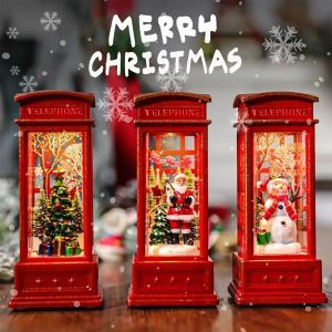 Christmas Phone Booth Decoration with Santa Claus Snowman & Tree - Red Retro Telephone Booth Ornament With Light Home Decorator