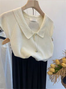 Áo Thun Polo Dệt Kim Màu Trắng Cho Nữ Mùa Hè Tay Ngắn Vai Áo Thun Cổ Polo Tay Lỡ Thiết Kế Ngắn Cảm Giác Thời Trang