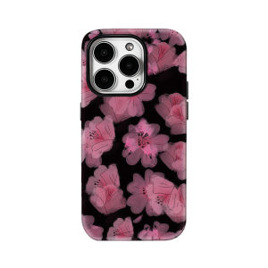 Potdemiel | Pink Flowers on Black iPhone Case - Double-Layer Back Cover for iPhone 17/16/15/14/13/12 pro Max plus - Must-Have Phone Accessor