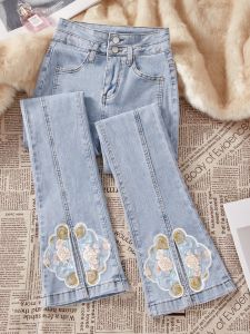 High Waist Micro Flare Jeans Womens Light Color 2024 New Style Chinese Style Small Size Nine Points Embroidery Bell Bottoms