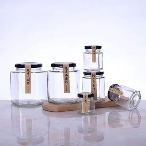 Clear Glass Jar Container Kitchen Spice Storage Hexagon Bottle With Lid 45ml 60ml 85ml 180ml 280ml 380ml 730ml
