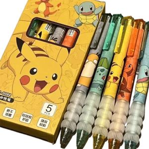 Bandai | 5pcs Pokemon Pens Pikachu Squirtle Charmander Cute Press Gel Pen Set Anime Cartoon School Office Stationery Supplies Gifts