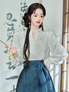 New Chinese Style V-Neck Embroidered Top Womens Shirt for Horse Tailed Skirt Autumn Collection High End Feelings Hanfu White