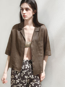 Miccbeirn | Pure Flax Short Sleeve Shirt Casual Commute Style Suit Collar Simple Short Length Womens Top Flash Spray Gold Fashionable