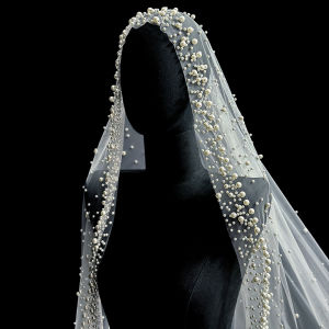 Vintage Court Style Long Tailed Wedding Dress Headpiece Pearl Decorated Bridal Veil Photography Prop Elegant Accessory
