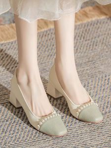French Vintage Pearl Spliced Color Block High Heels Womens Shoes Gentle Foothead Small Fragrance Style Fashionable Casual Shoes