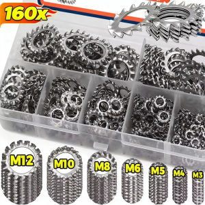 Feelife 160Pcs External Tooth Lock Washer Kit M3-M12 Star Serrated Gasket Spacer Assortment Set Stainless Steel Multi Tooth Washer Hardware Box