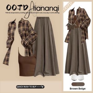 TIANANQI | Popular Fall New Arrival Loose Fit Long Sleeve Shirt High Waist Skirt Set