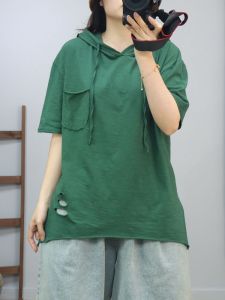 เสื้อยืดคอกลมแขนสั้นผ้าฝ้ายลายกระดาษไผ่สำหรับฤดูร้อนปี 2024 เสื้อเชิ้ตผู้หญิงลำลองสีพื้นที่มีรูพรุน ทรงหลวม แขนสั้น