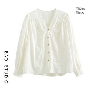 เสื้อเชิ้ตแขนยาวสไตล์เกาหลี BAO STUDIO สำหรับผู้หญิง ดีไซน์เรียบง่าย สไตล์ฝรั่งเศส ผ้าฝ้าย ปักลาย ฤดูใบไม้ร่วง