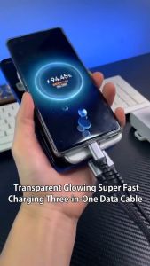 NEW 100W 3 in 1 Fast Charging Cable 6A Multi-function Universal Charger Cord Anti-Breakage Braided Data Cable Transparent Light Digital Display Night-luminous Cellphone Quick Charger Cable for All Smart Phone